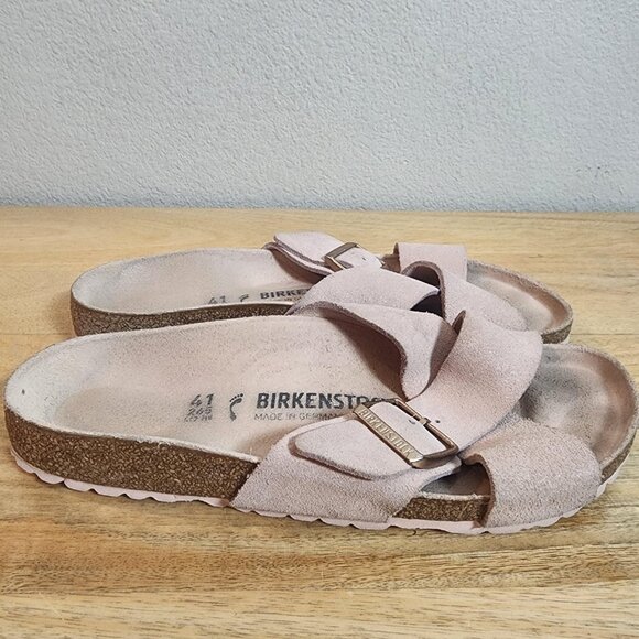 Birkenstock Sandals Womens Size 10 EU41 Pink Siena Big Buckle Suede Slides Cork - Picture 1 of 11